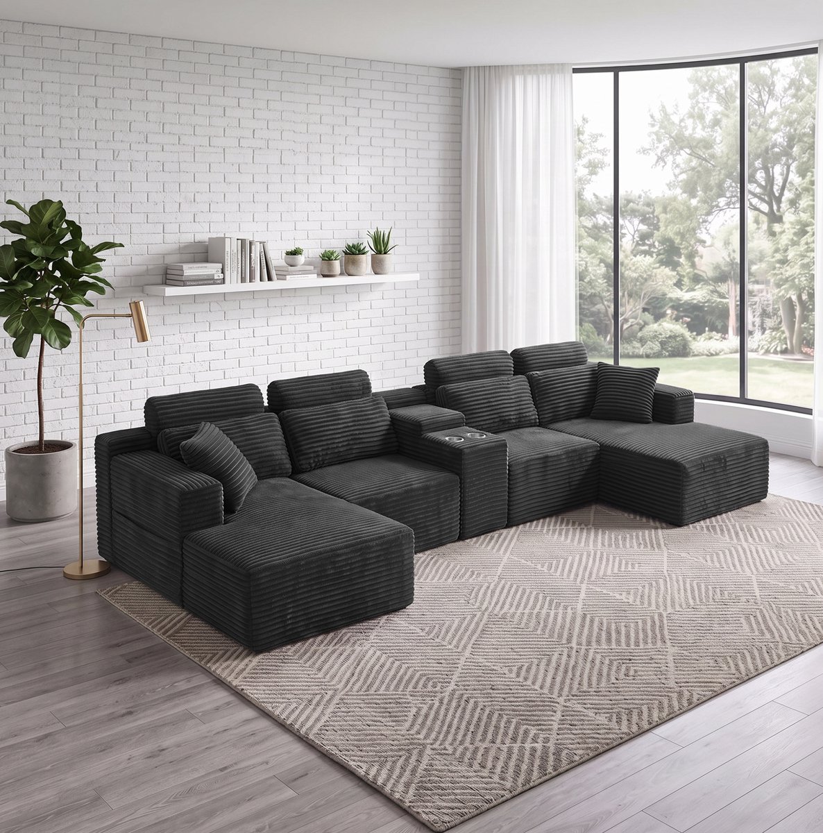 REDOM - U-bank - Modulaire opstelling - Dubbele bekerhouders - Gestreepte corduroy - Moderne stijl - Woonkamer - Stof - Donkergrijs - 373 x 150 x 81 cm