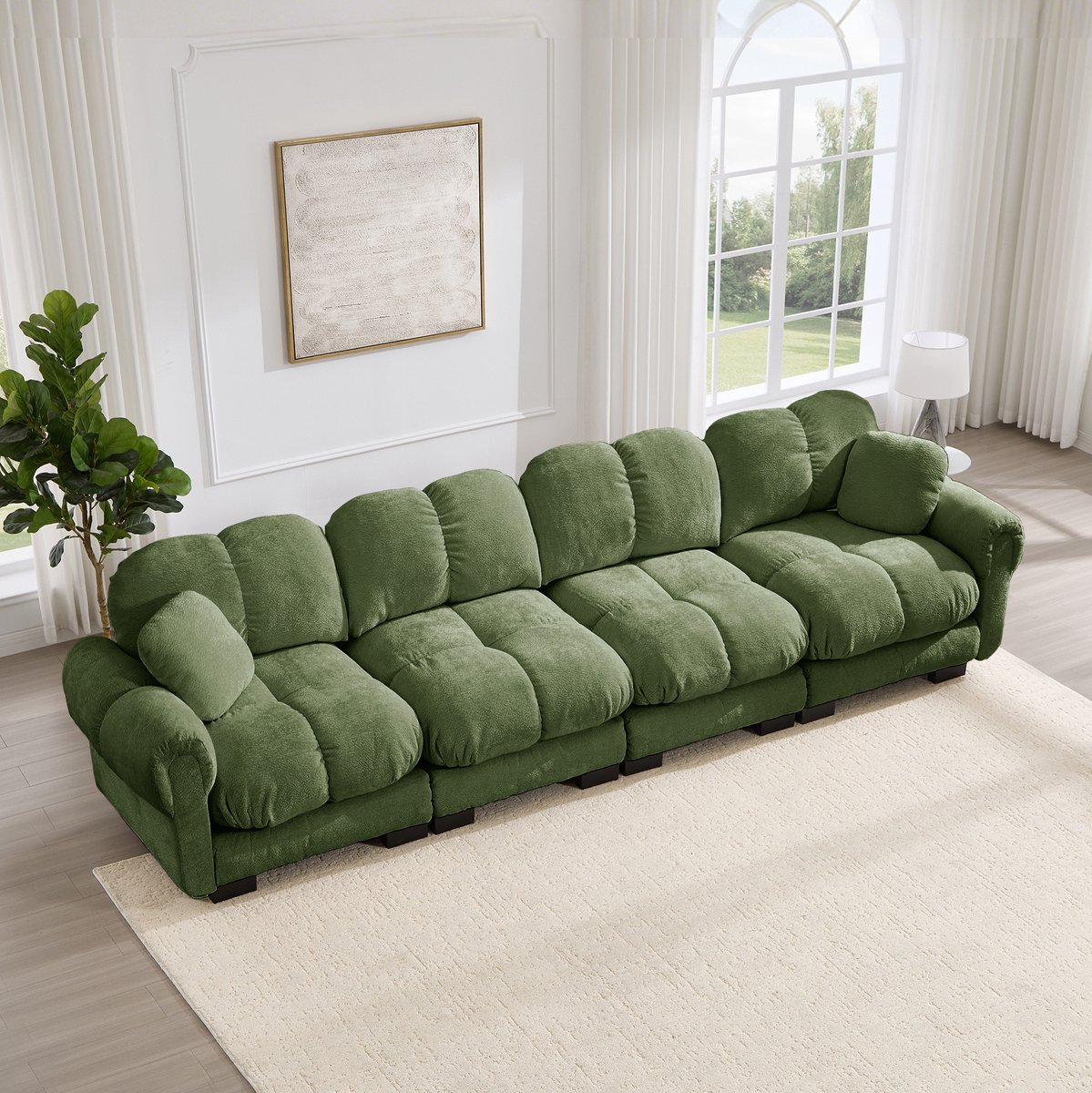Wishdor Zitbank - 4-zits modulair ontwerp - Steppatroon en dikke zitkussens - Gebogen armleuningen en ergonomische rugleuning - Woonkamer - Chenille - Groen - 330 x 86 x 90 cm