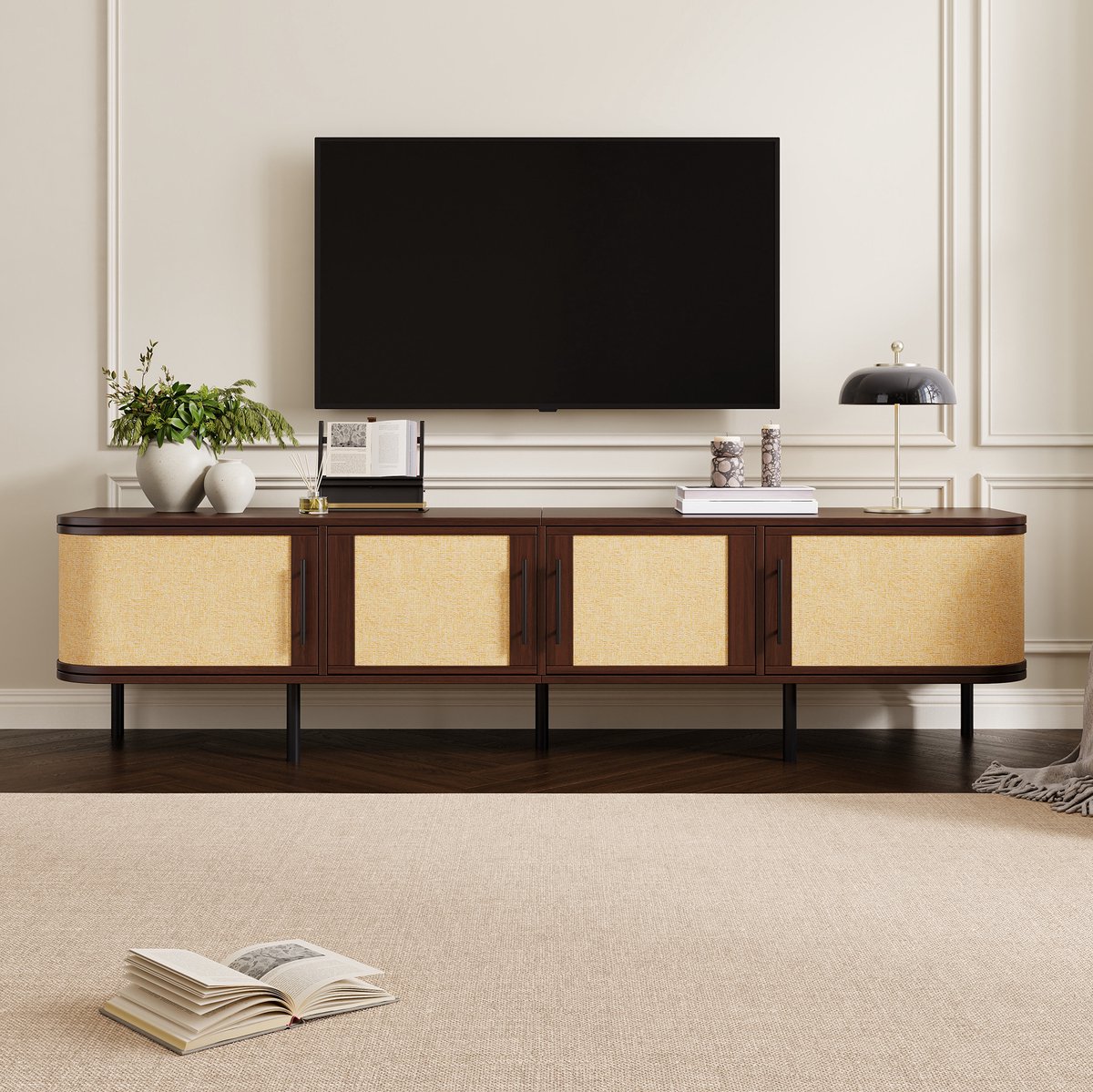 MODENUIT TV-Meubel - Flechtfront Met 4 Deuren - Voor Woonkamer En Interieur - MDF - Walnoot - 180x40x45 Cm