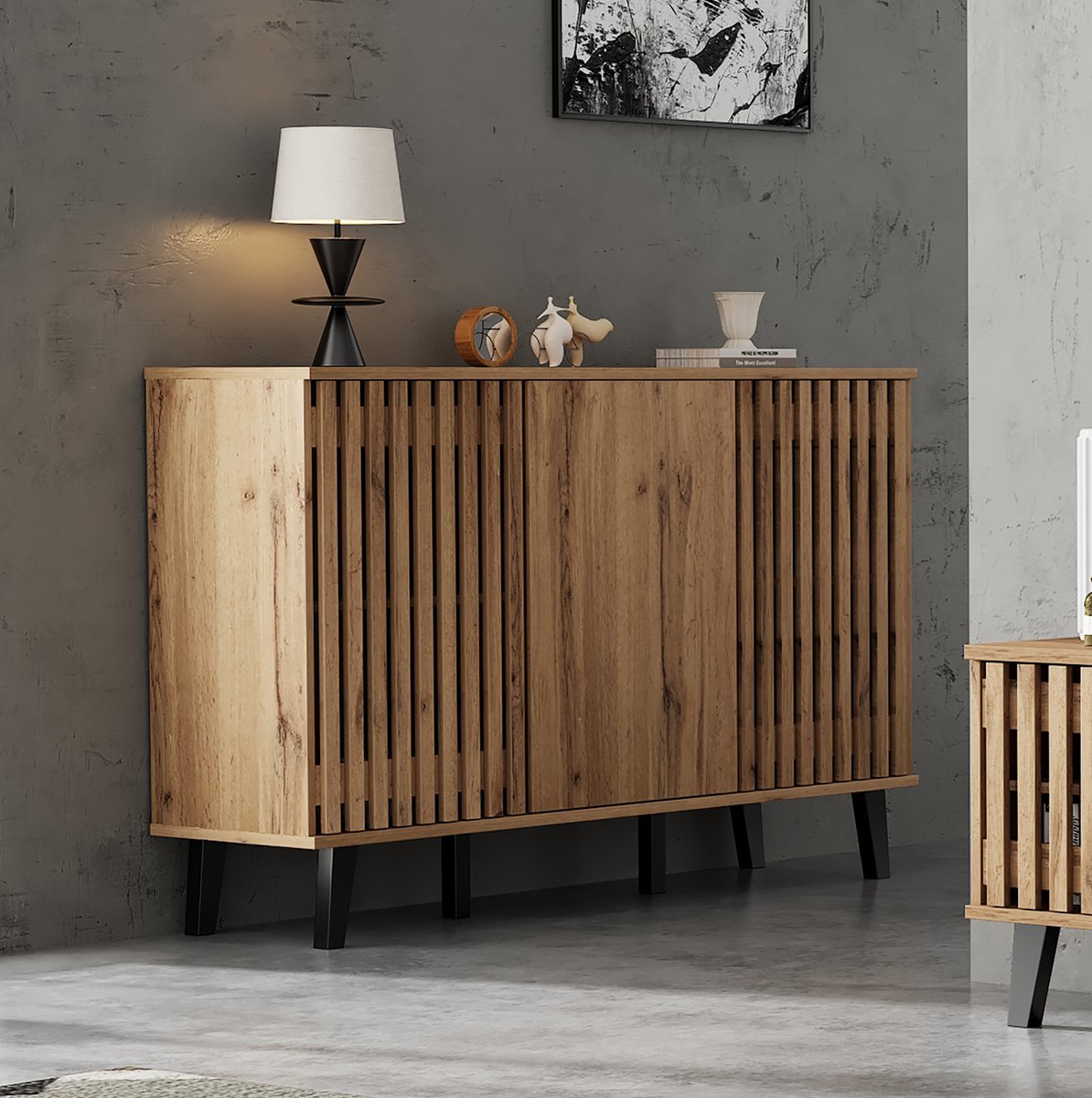 COVREO Dressoir met 3 deuren en 6 vakken – Sideboard met houtlook en zwarte poten – Opbergkast voor woonkamer en hal – 150x40x95 cm – Naturel Naturel hout