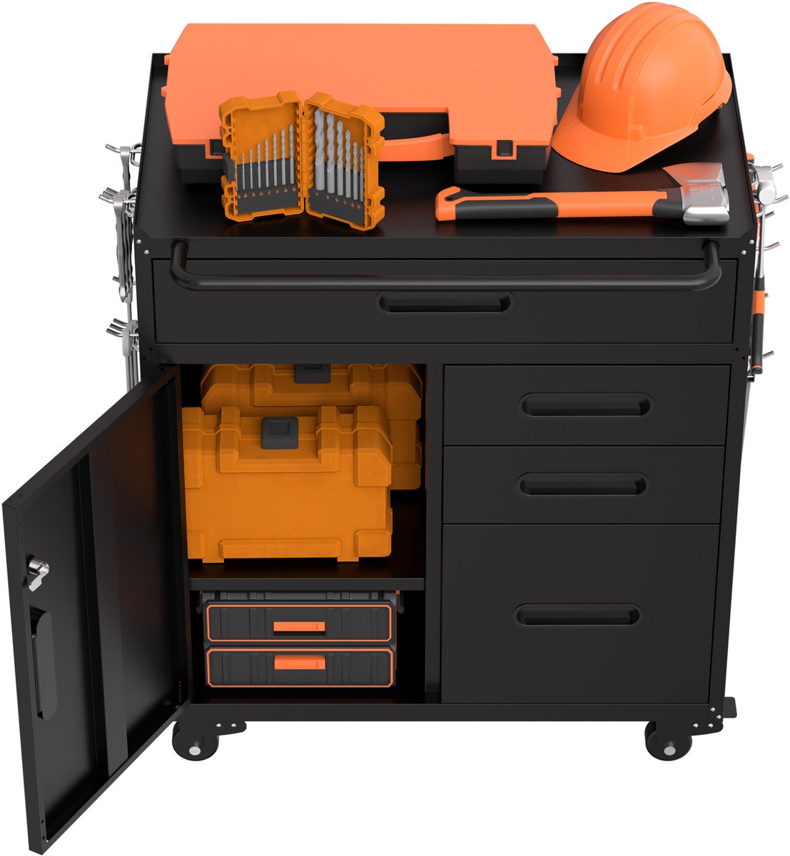 OKWISH Mobiele Gereedschapskast Gereedschapskar 4 Lades Afsluitbaar Vak Met Wielen Voor Werkplaats En Garage Zwart Staal 87,3 bij 75 bij 42 cm