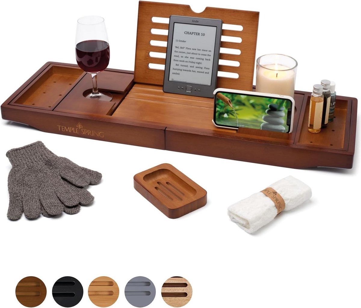 Douchebank teak - Bruin - Uitschuifbaar 70-105 cm - Bamboe badkuiprek met houder voor tablet en kaarsen - Voor ontspanning
