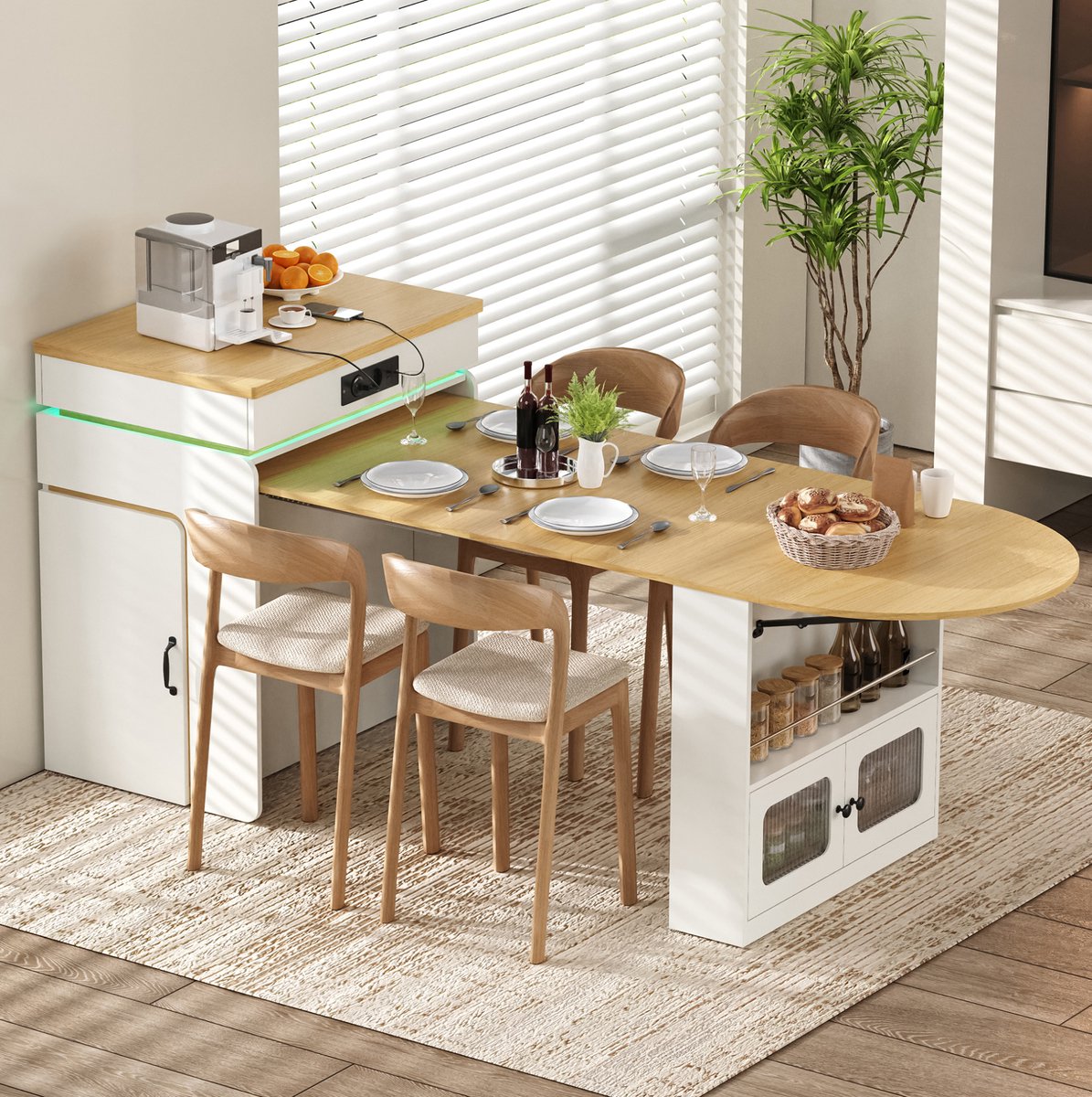MODENUIT Eettafel - Uitschuifbare Keuken Eiland Met LED En Stopcontact - Wit MDF - 194x80x95,5 Cm
