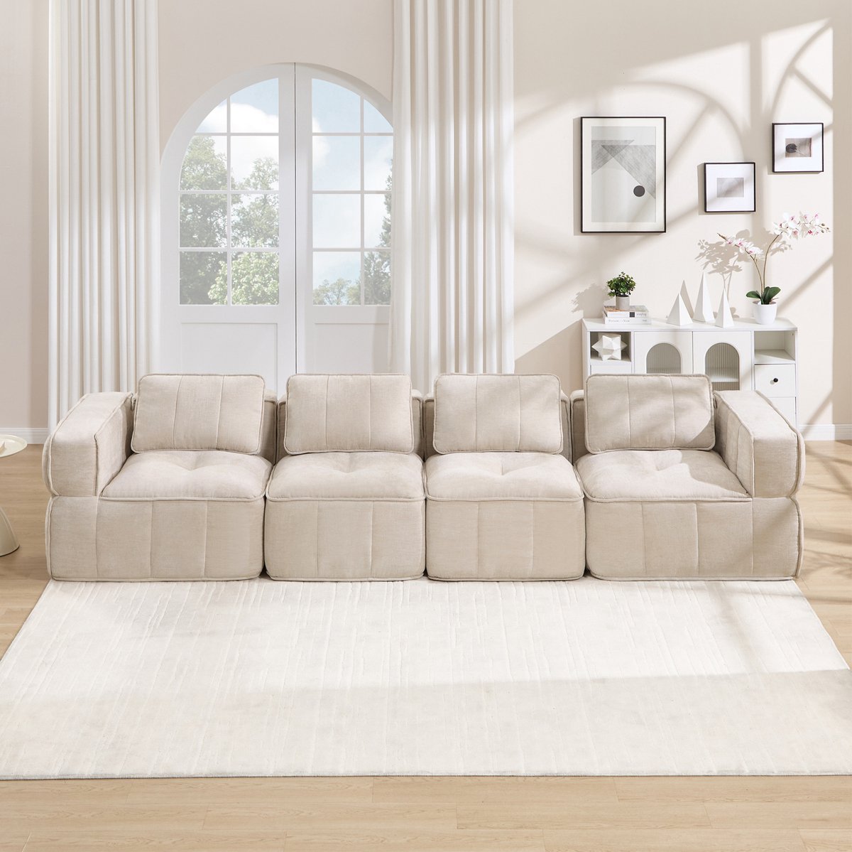 Wishdor Zitbank - Vier zitplaatsen modulair - Zachte 32D schuimvulling, brede armleuningen, antislip basis - Scandinavisch en basic - woonkamer - polyester - beige - 344 x 93 x 67 cm