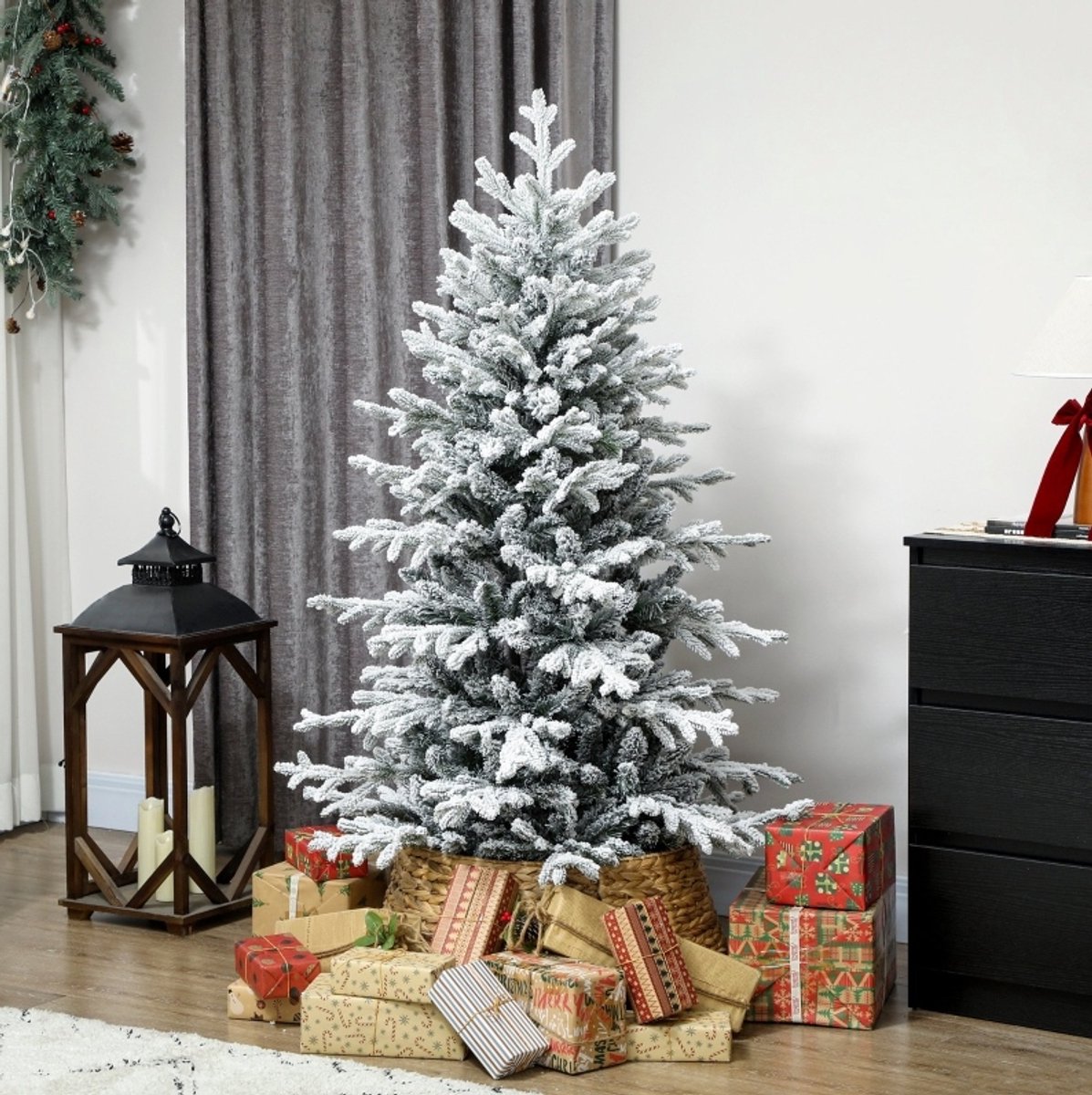 MODFU-Kunstkerstboom-150 Cm-Sneeuw-1162 Takken-Klapbare Metalen Standaard-Wit Groen