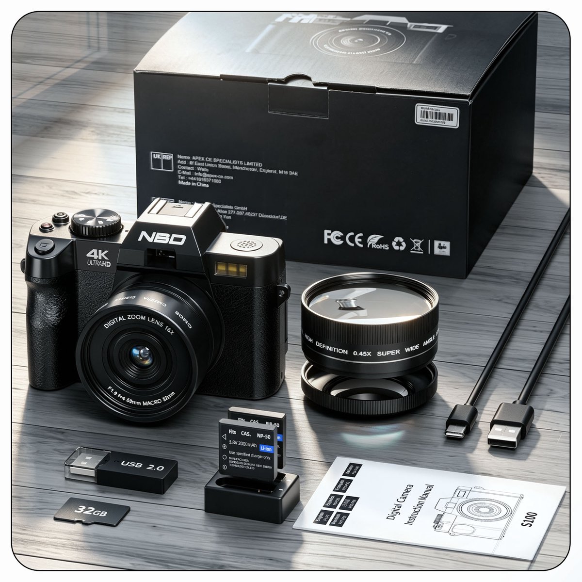 NBD S100 Digitale Camera - 4K - 64MP - Optische Zoeker - WiFi - 180° Draaibaar Scherm - 16X Digitale Zoom - Fotocamera voor Dagelijks Gebruik - Zwart thumbnail 2