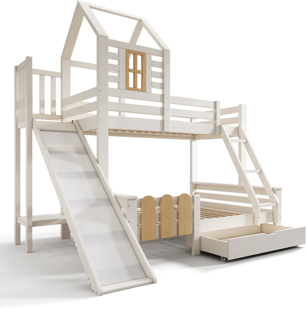 MUVANO Stapelbed met glijbaan en ladder - Kinderbed 90x200 en 140x200 cm - Huisbed - Met lade - 186x246x230 cm - Slapen en spelen - Kinderkamer Wit