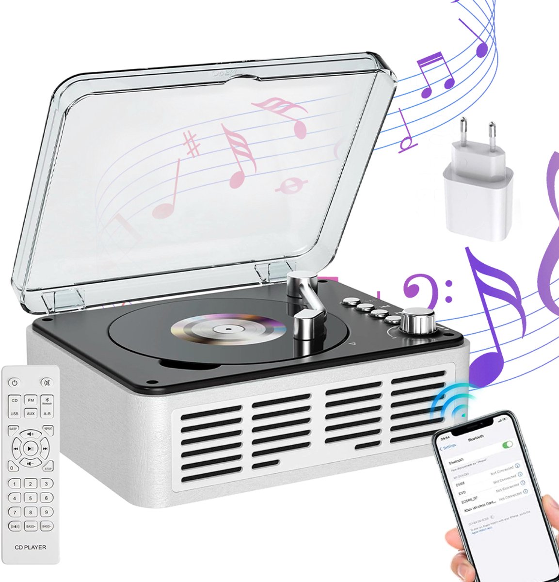 CD Radio - Draagbare CD-Speler - Bluetooth Muziekspeler - FM Radio - USB & AUX - Stereo Speakers 10W - Bluetooth Zenden & Ontvangen - Voor Thuis - Wit