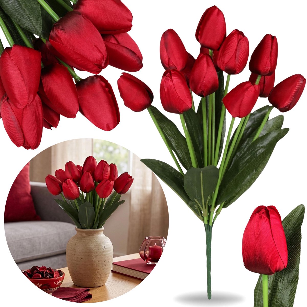 KUNST tulpen, BOEKET bordeauxrode tulpen, tak 43 cm, SET van 12 stuks, ALS ECHT