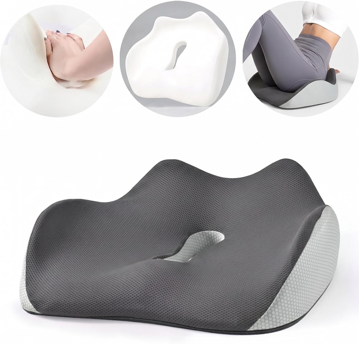 Geheugenschuim Zitkussen - Stoelkussen Voor Kantoor - stuitkussen-Antislip Zitkussen - Comfortabel Zitkussen Voor Lang Zitten - ergonomisch zitkussen-Grijs