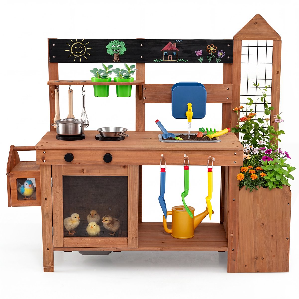 COSTWAY Modderkeuken voor kinderen, outdoor, speelkeuken met waterreservoir