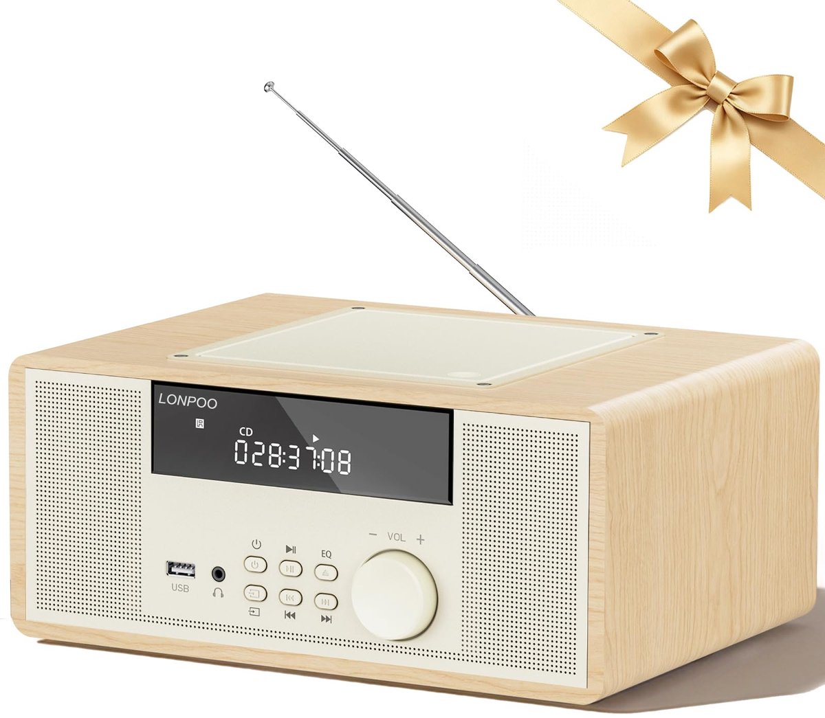 LONPOO Compacte stereo-installatie 30W RMS soundbox met cd-speler, Bluetooth, FM-radio, USB/AUX-ingang - ShopVlot