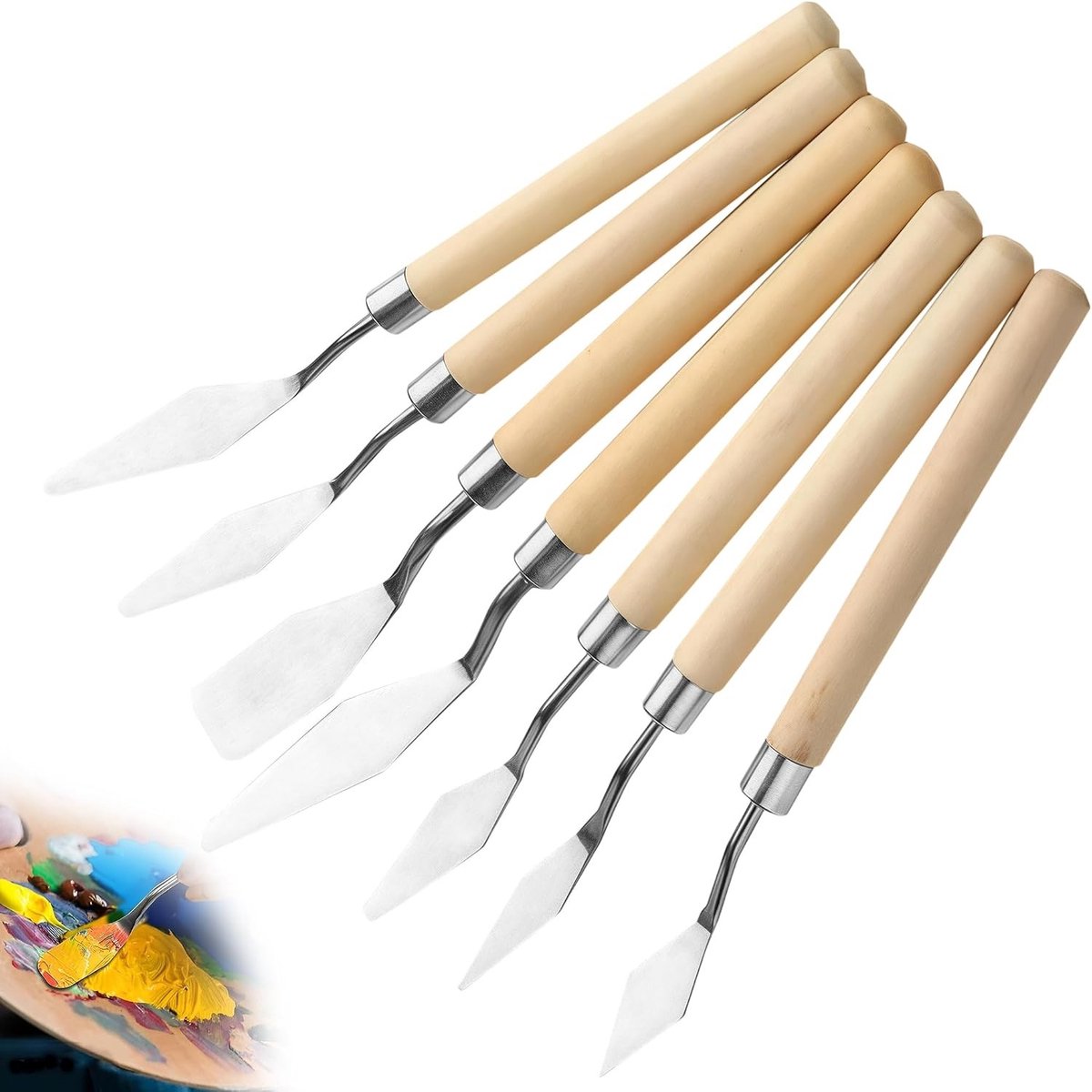 Set van 7 Paletmessen voor Acrylverf, RVS Spatels met Houten Handvat voor Olieverf, Gouache en Structuurpasta