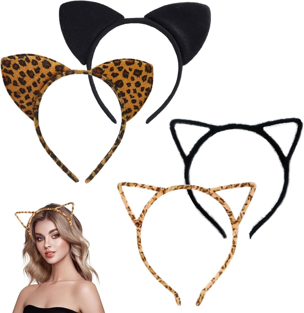 4 Delen Dierenhaarbanden voor Volwassenen en Kinderen - Kattenoren, Halloween Kostuum, Feestaccessoires voor Dames en Meisjes