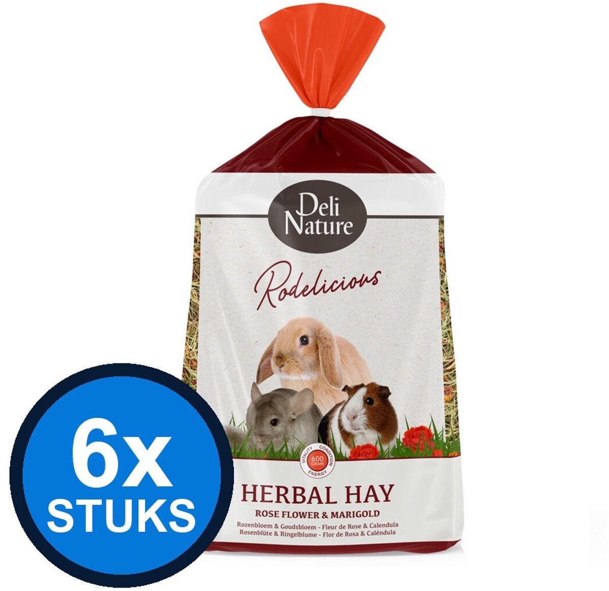 6x Deli Nature Rodelicious Kruidenhooi Rozenbloem & Goudsbloem - Knaagdierhooi - 600g