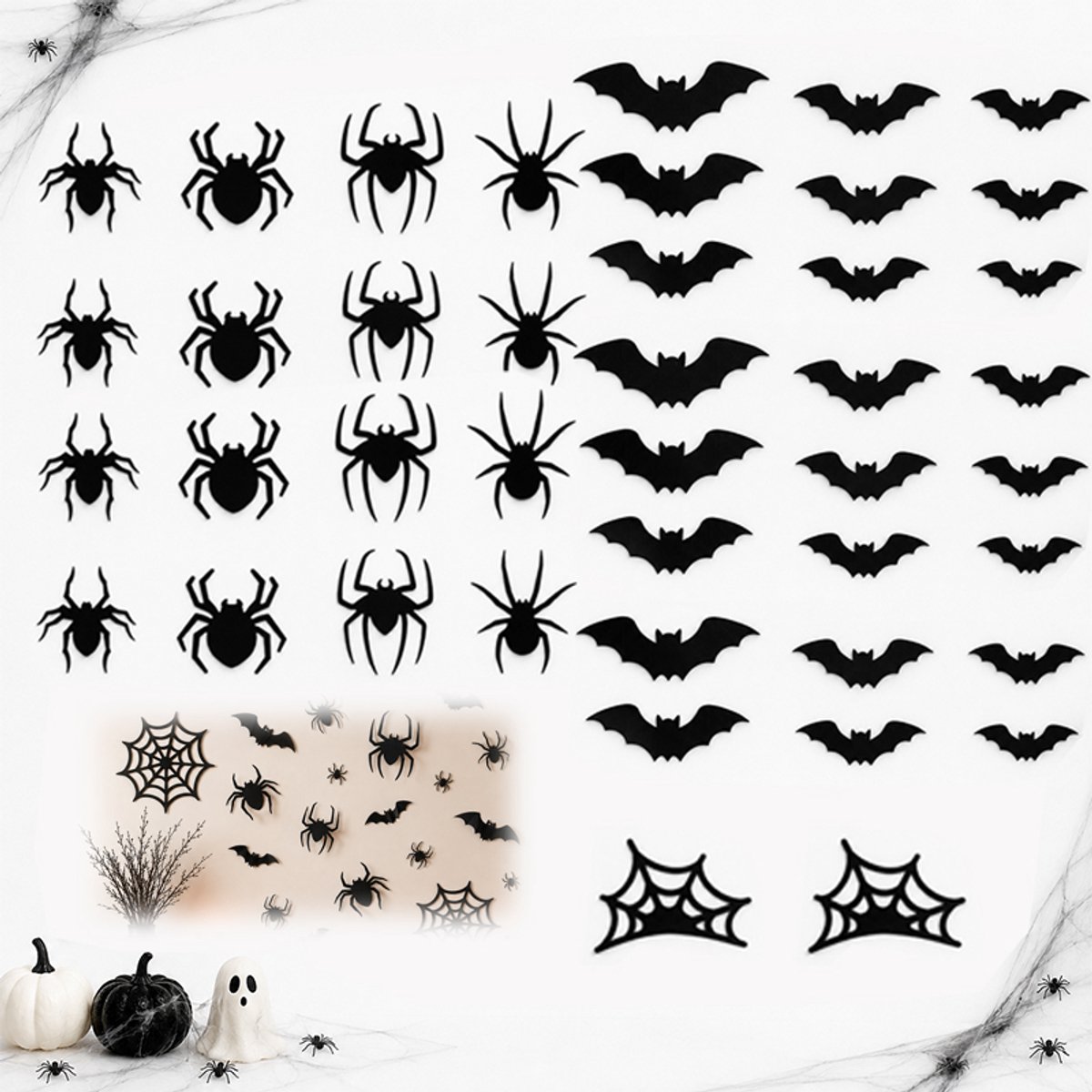 VHV-Halloween muurdecoratie 42-delige set - Complete decoratieset met spinnen, spinnenwebben en vleermuizen - Voor muur en deur - Halloween decoratie - Zwart