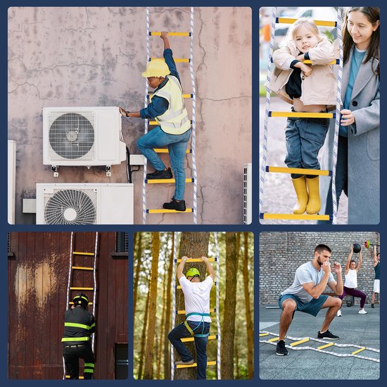 Collage: man met gele helm beklimt gele ladder; meisje en vrouw bekijken gele ladder; brandweerman beklimt ladder; man klimt in boom met ladder; mensen doen oefeningen op agility ladder.