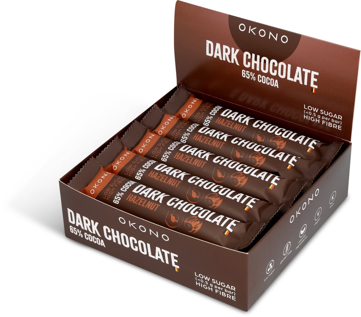 OKONO Dark Chocolate Hazelnut Display - 20 Repen Pure Chocolade Hazelnoot - Zonder Toegevoegde Suikers - Keto Chocoladereep met 21 g Vezels per 100 g - Glutenvrij en Vegan