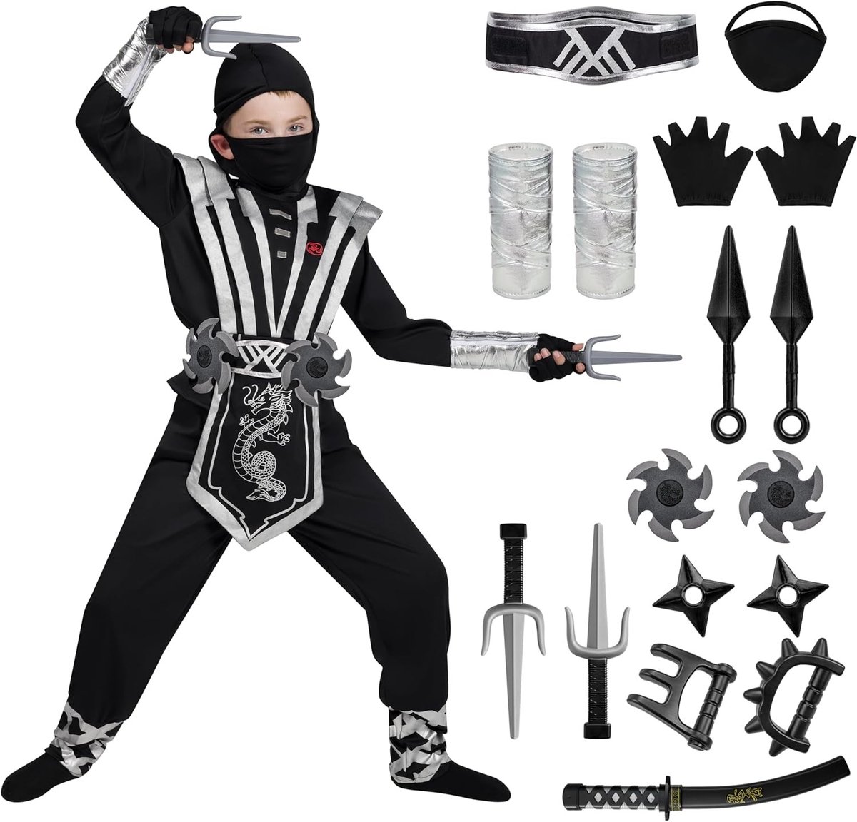 Deluxe Zilveren Ninja Kostuumset voor Kinderen met Schuimaccessoires, Perfect voor Halloween en Verkleedfeestjes