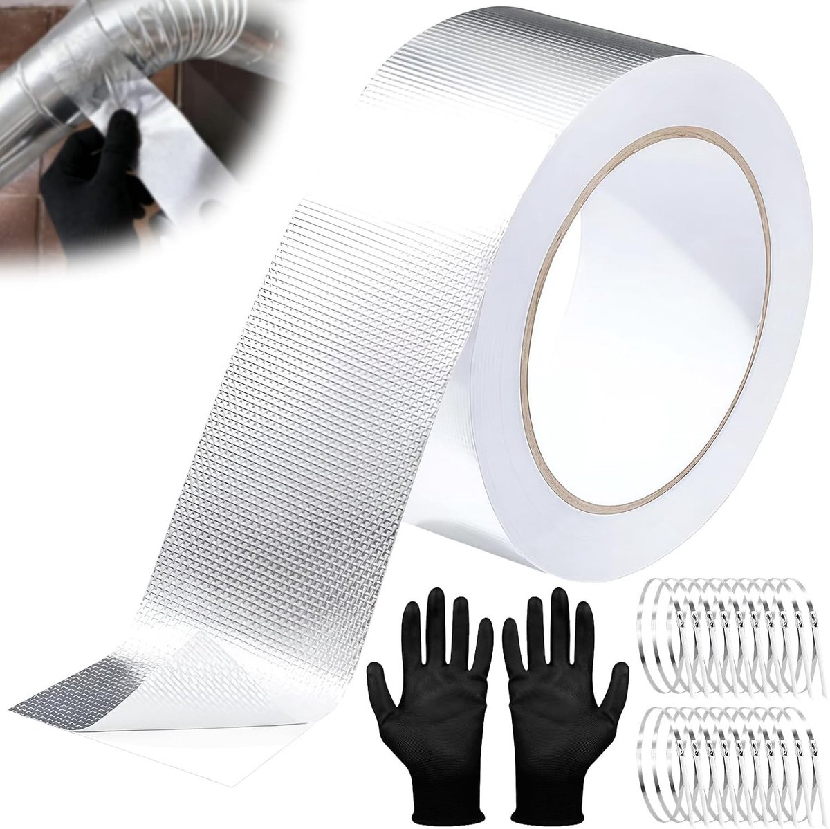 Zelfklevende Warmtebeschermfolie 20 m x 5 cm met Aluminium Hechtband, 20 Kabelbinders en Handschoenen voor Uitlaatbescherming en Isolatie