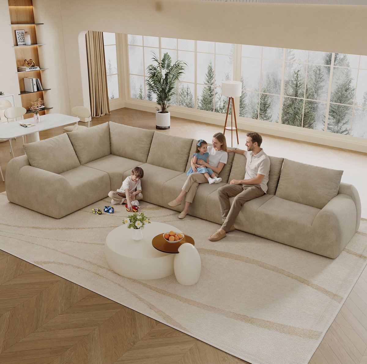 Wishdor Hoekbank - 6-zits l-vormig - Chenille stof - Zonder montage - Scandinavisch basic - Woonkamer appartement - Khaki - 401 x 200 x 85 cm