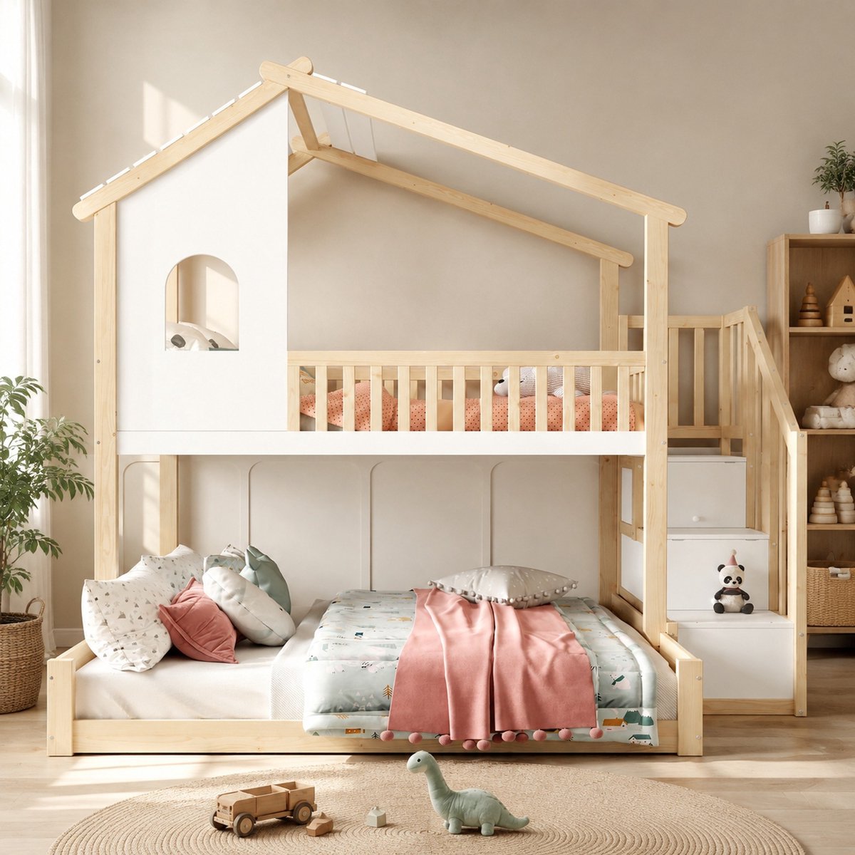 COVREO Stapelbed met trap en opbergruimte – 256x145x208,5 cm – Huisbed van hout en MDF – Kinderen – Naturel/Wit - zonder matras Natuur+wit