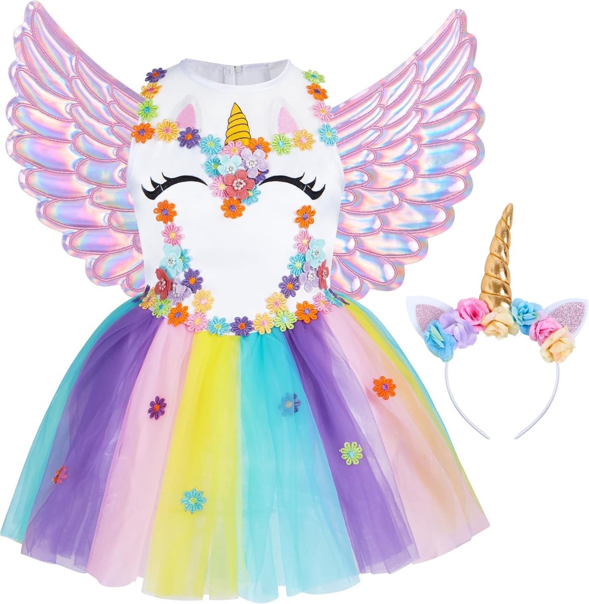 Eenhoorn-prinsessenjurk voor meisjes met hoofdband en vleugels - Perfect voor carnaval, Halloween en cosplay, roze tutu jurk