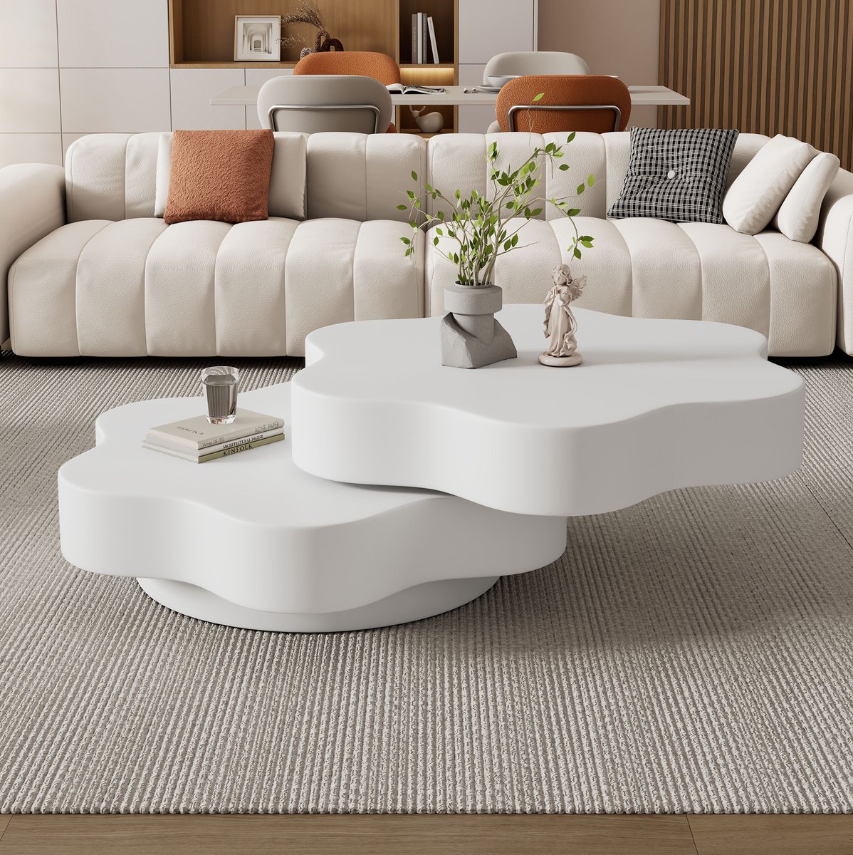 Wishdor Salontafel - Bloemvormig draaibaar blad - Dubbellaags ontwerp - Organische vorm - Modern - Woonkamer zithoek - MDF - Wit - 74,8 x 67,5 x 31 cm