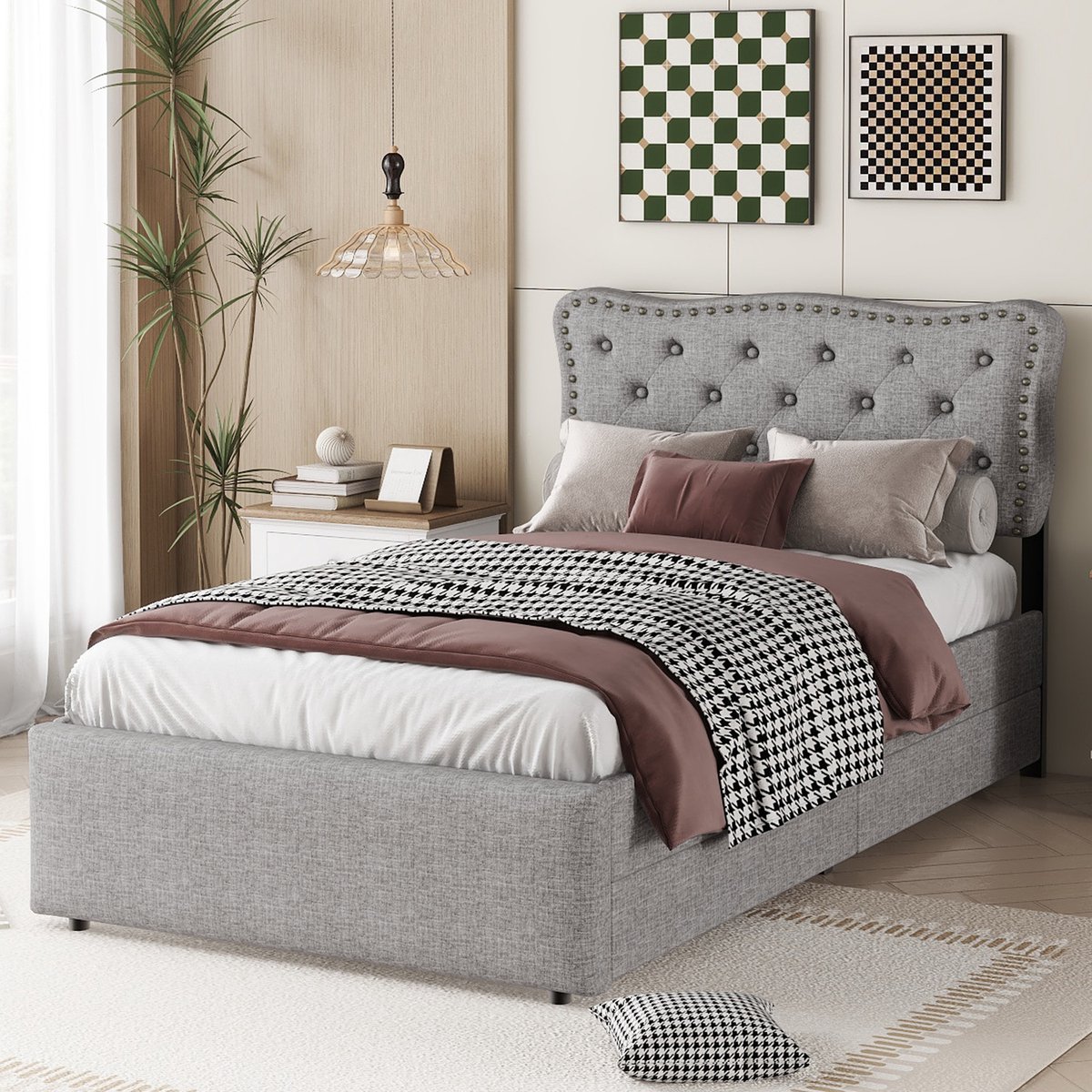 WUVRIE Bed 90x200 cm in grijs met verstelbaar hoofdbord en 2 lades