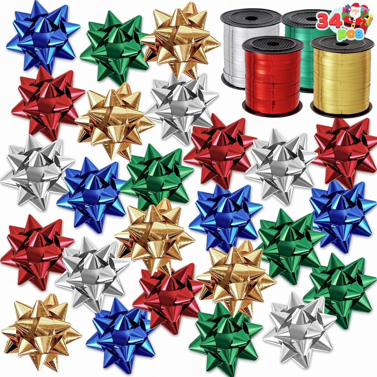 Kerstlinten Set van 4 Rollen met Krullint en 30 Stuks Strikken voor Cadeauverpakking, Haaraccessoires en DIY Knutselen