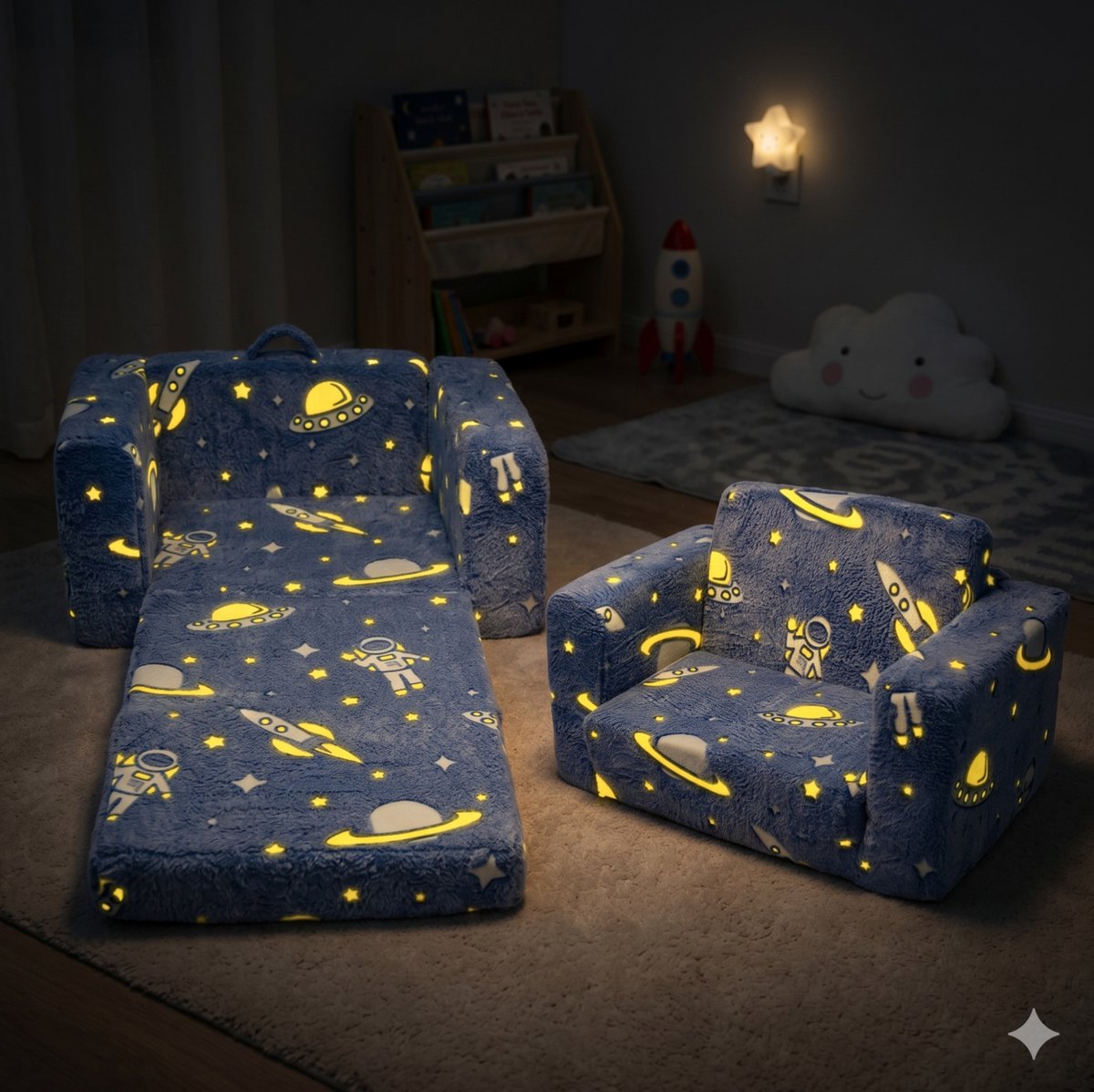 MODFU - Inklapstoel - Kindersofa - Pluche - Nachtgloed - Blauw