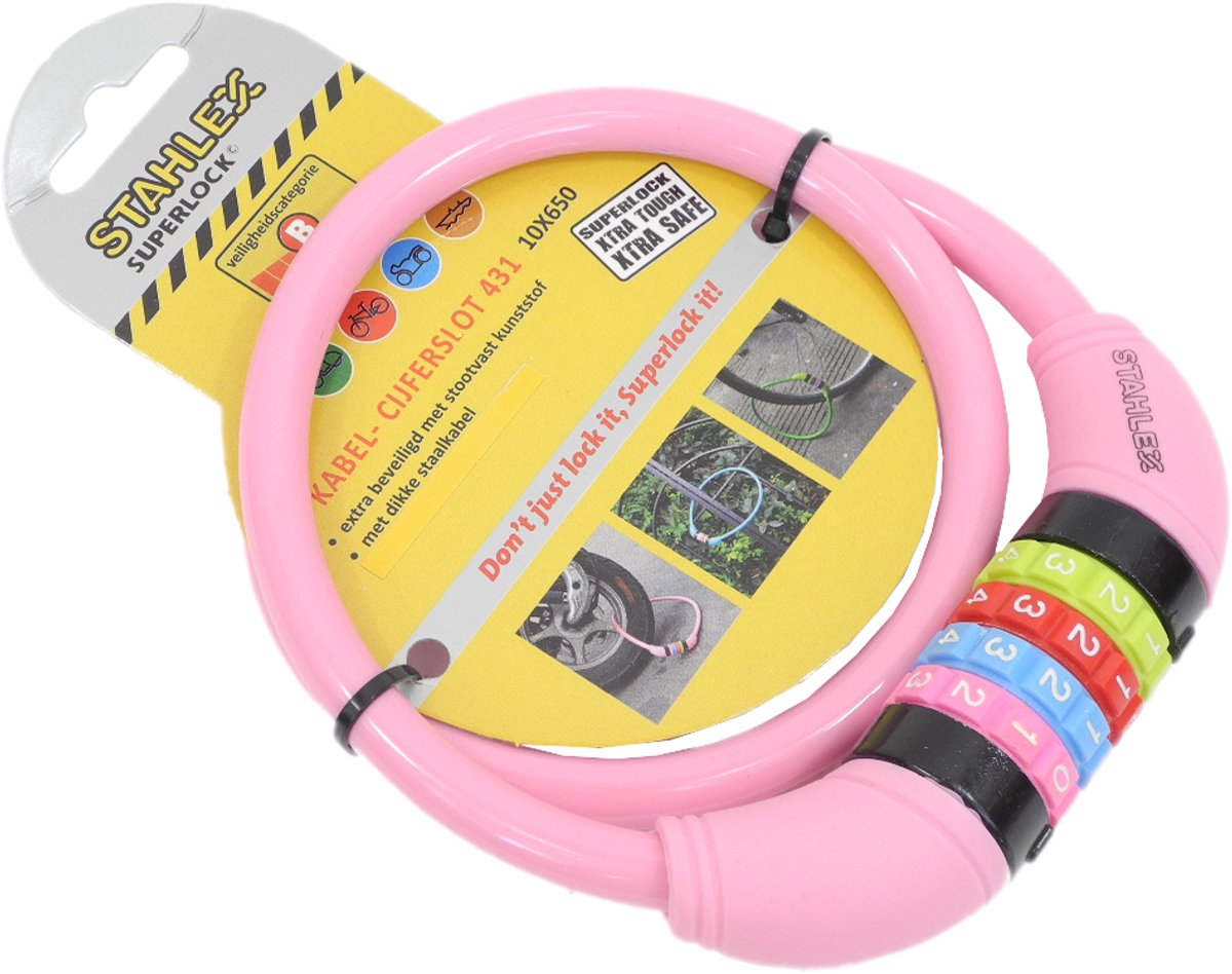 Stahlex Ø10mm / 65cm kabelslot schlechts 230g met cijferslot | Het eerste fietsslot voor uw kind | Roze
