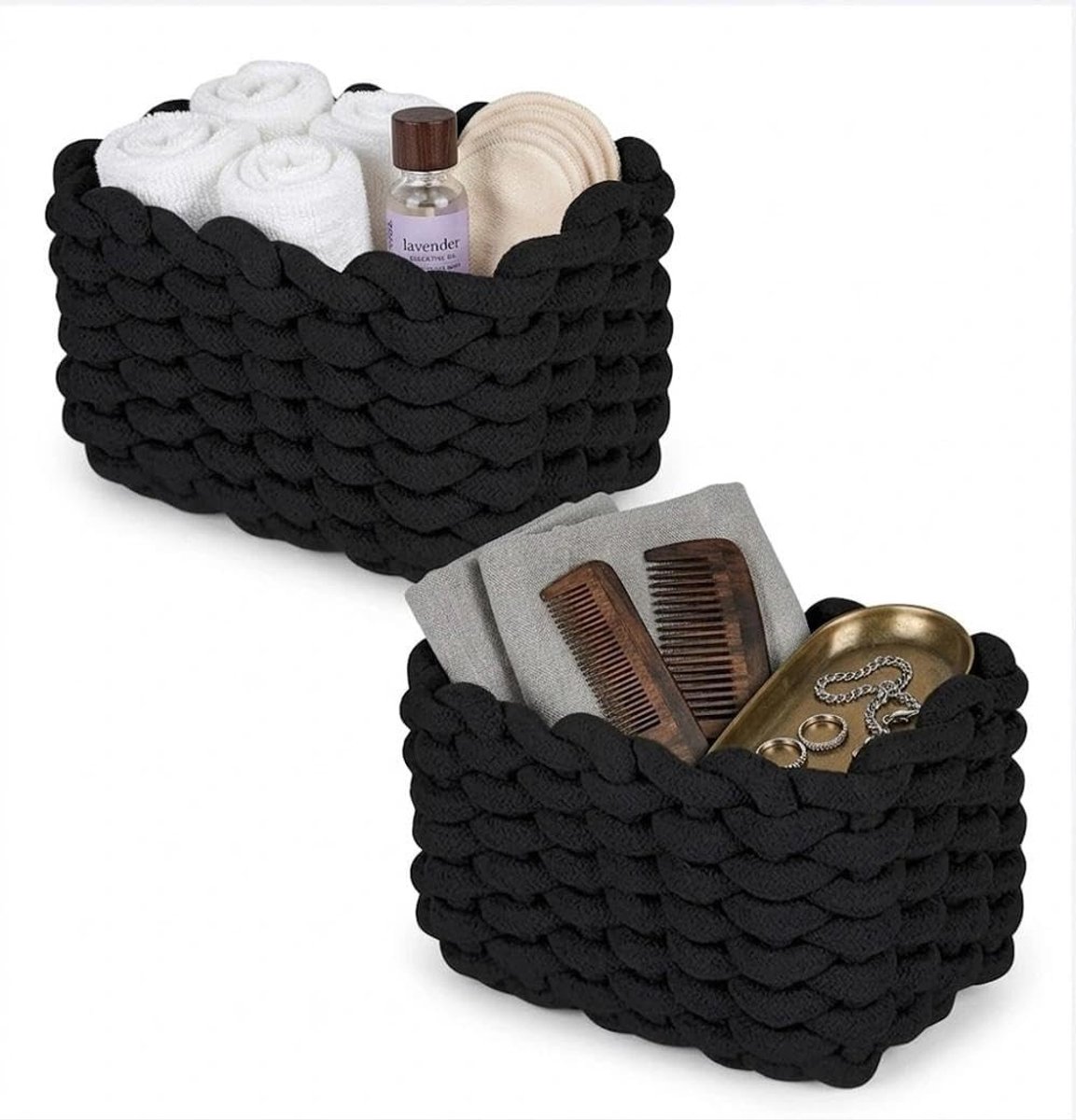 Opbergmand van Katoen, Gevlochten Mand voor Toiletpapier, Cosmetica, Speelgoed en Huisaccessoires, 19 x 15 x 12 cm, Zwart, Set van 2, Duurzaam en Stijlvol