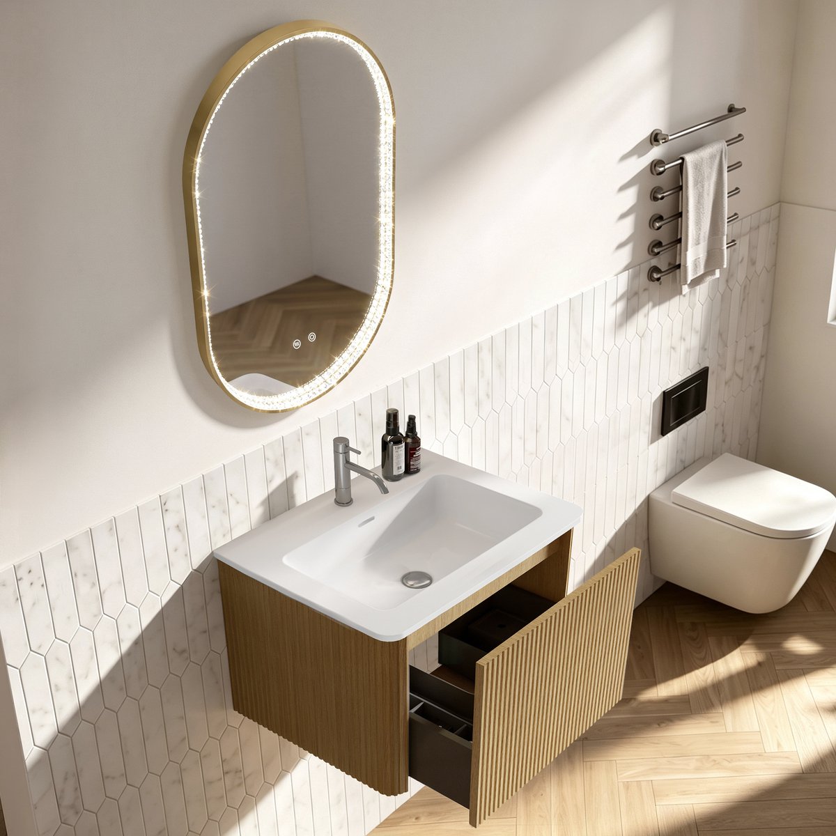REDOM - Badkamer Set met Spiegel - 60 cm Eikenhout Waschtisch met Unterschrank, vormontage, 50x80 cm oval LED Spiegel met Strasssteinen en geborsteld gouden frame