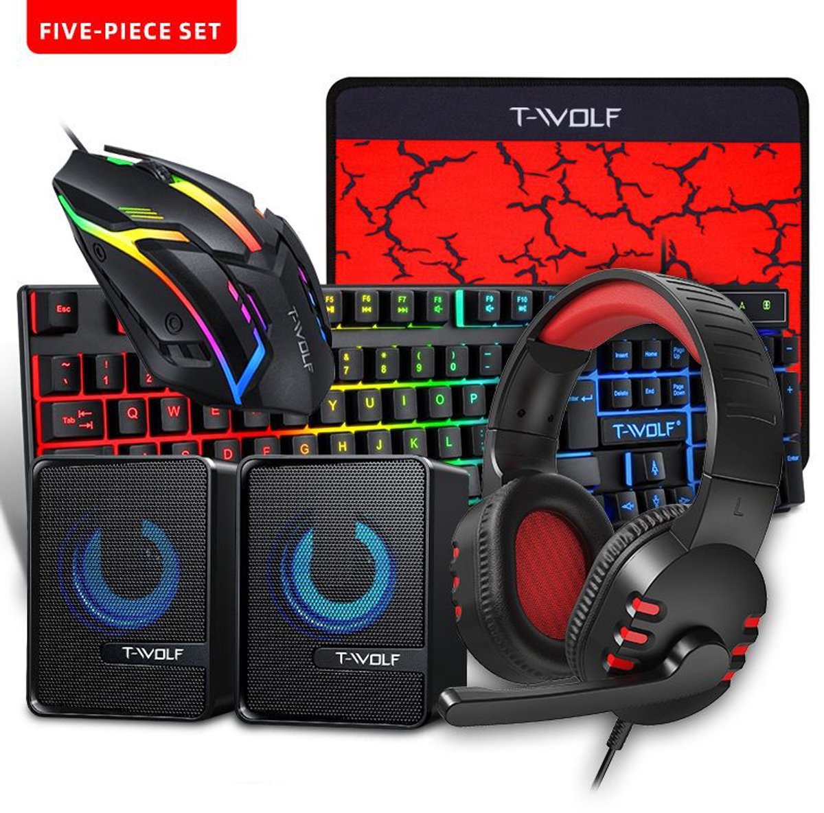 5-in-1 Gaming Set- Complete Gaming Setup met RGB Toetsenbord en Muis- Headset met Microfoon- 2 USB-Luidsprekers en Muismat, Plug & Play- Ideaal voor PC en Laptop- Gaming Starterset