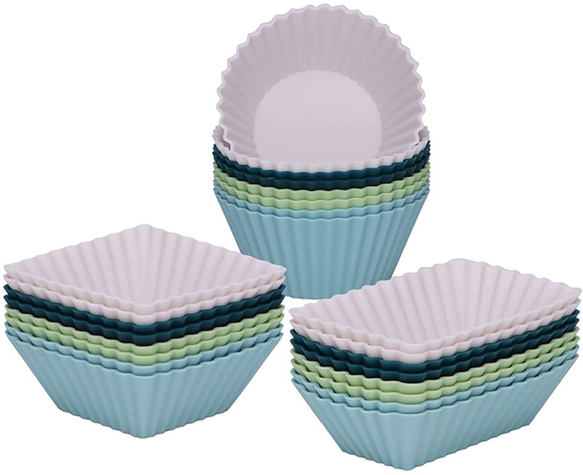 Siliconen Muffinvormen Set - 24 Stuks - Herbruikbare Cupcake Vormpjes - Rond, Vierkant & Rechthoekig - Blauw & Wit