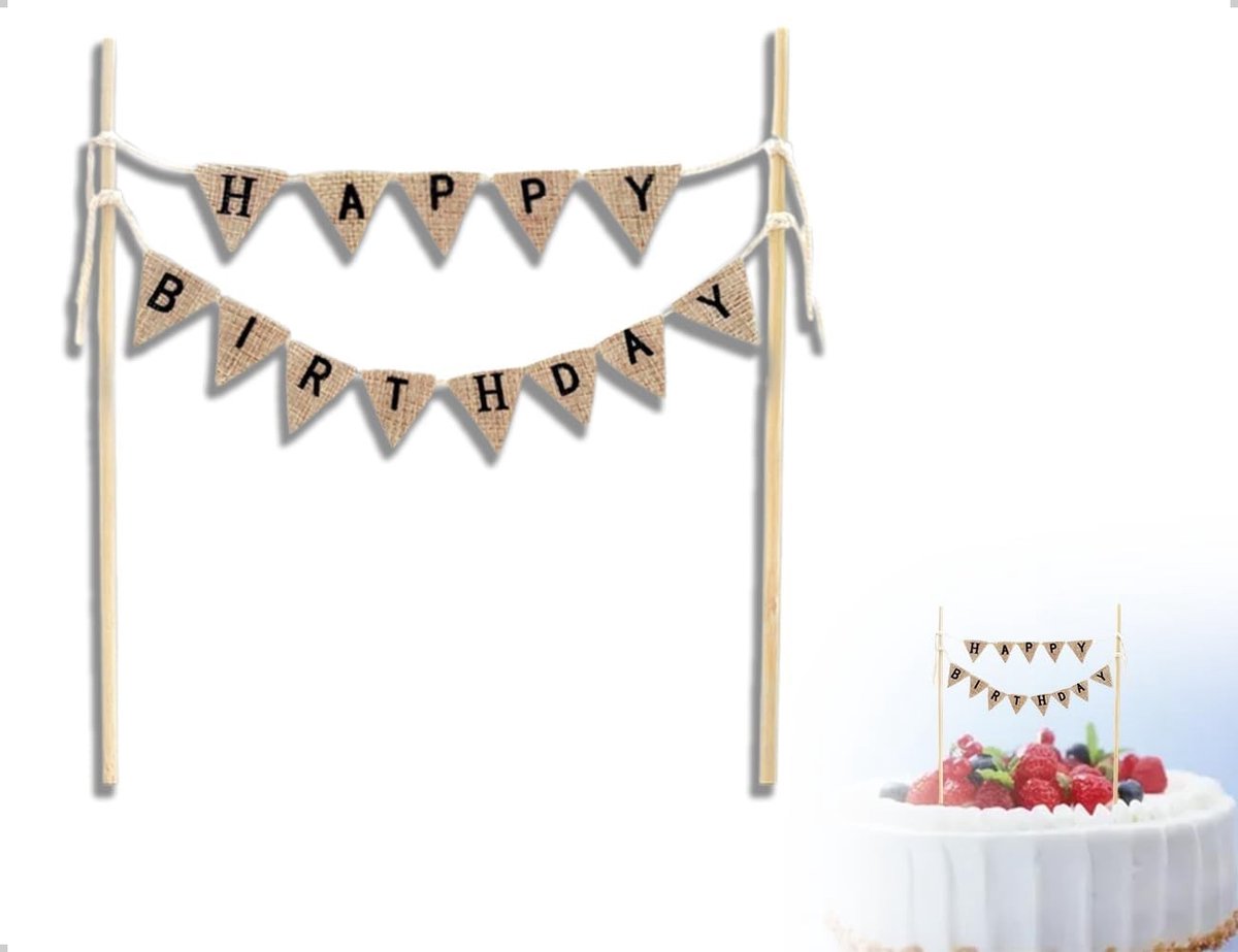Verjaardagstaart Versiering met Vlaggenlijn en Houten Stokken voor Babyshowers en Feestjes, Ideaal voor Mannen, Vrouwen, Jongens en Meisjes