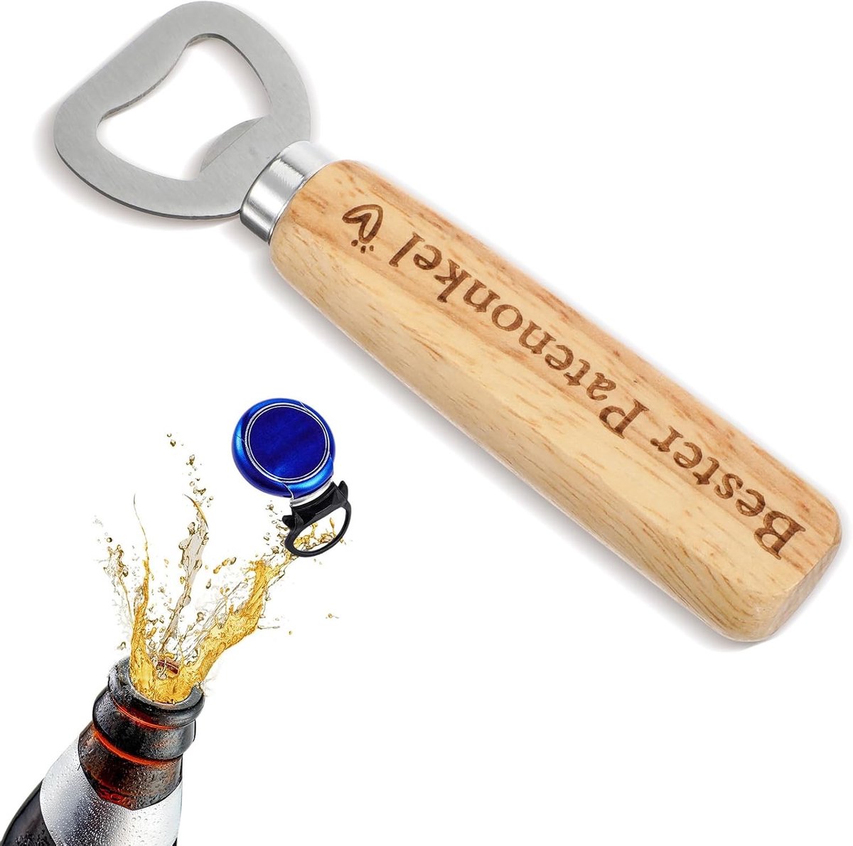 Houten Flesopener met RVS, Perfect Cadeau voor Peetvaders, Vaderdag, Kerst en Verjaardagen, Ideaal voor Bierliefhebbers