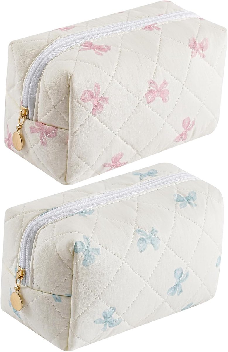 Reisorganizer voor make-up en toiletartikelen voor meisjes – Draagbare stoffen cosmeticatas met bloemenprint en ritssluiting (roze strik & blauwe strik)