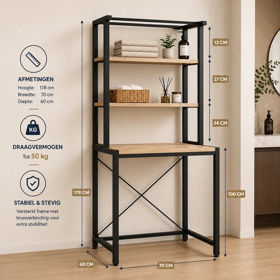 Zwart metalen frame wasmachine rek met houten planken. Afmetingen: 178 cm hoog, 70 cm breed, 60 cm diep. Draagvermogen tot 50 kg.