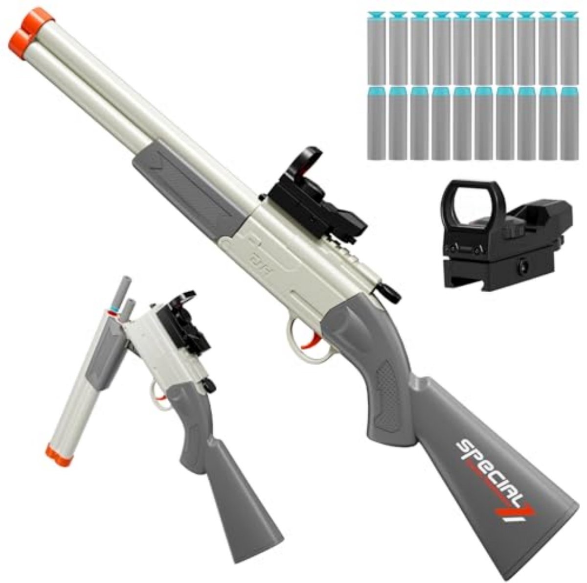 Casalora Double Barrel Shotgun Foam Blaster - Elektrisch Speelgoedgeweer met 20 Zachte Pijltjes - Inclusief 10 Zuigpijltjes en 10 Schuimpijltjes - Met Vizier - Veilig EVA Schuim - Perfect Cadeau voor Jongens 8-12 Jaar - Blauw