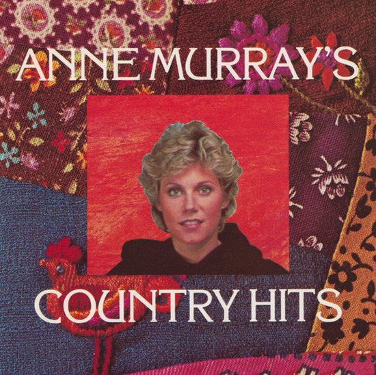 Anne Murray's Country Hits albumhoes met quilt-patroon en rode achtergrond met Anne Murray.
