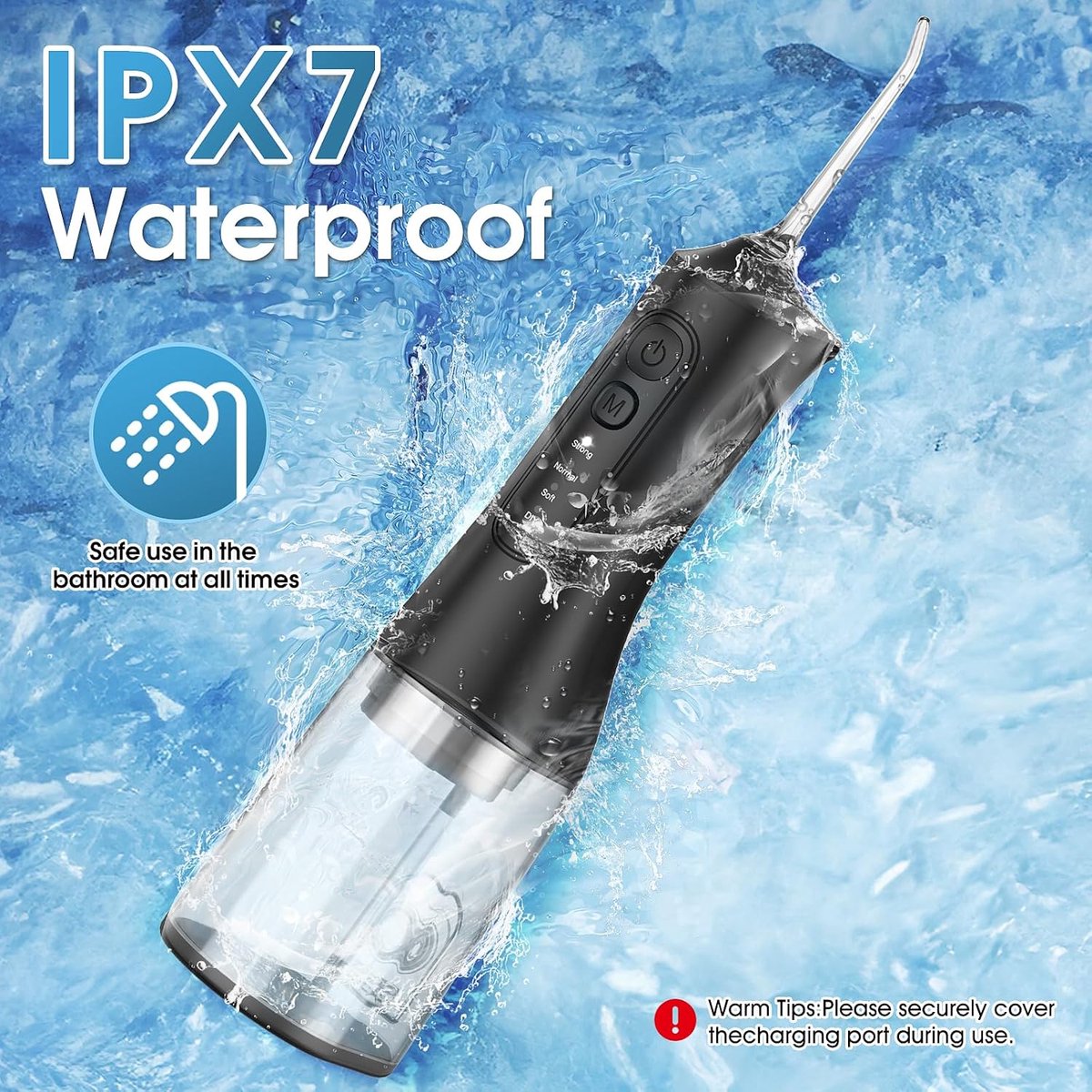 Waterflosser, Draadloze Monddouche met 300 ml Waterreservoir, 4 Reinigingsstanden en 6 Opzetstukken, IPX7 Waterbestendig, Oplaadbare Mondirrigator voor Beugels en Tandvleesverzorging, Thuis en Reizen, Zwart thumbnail 3