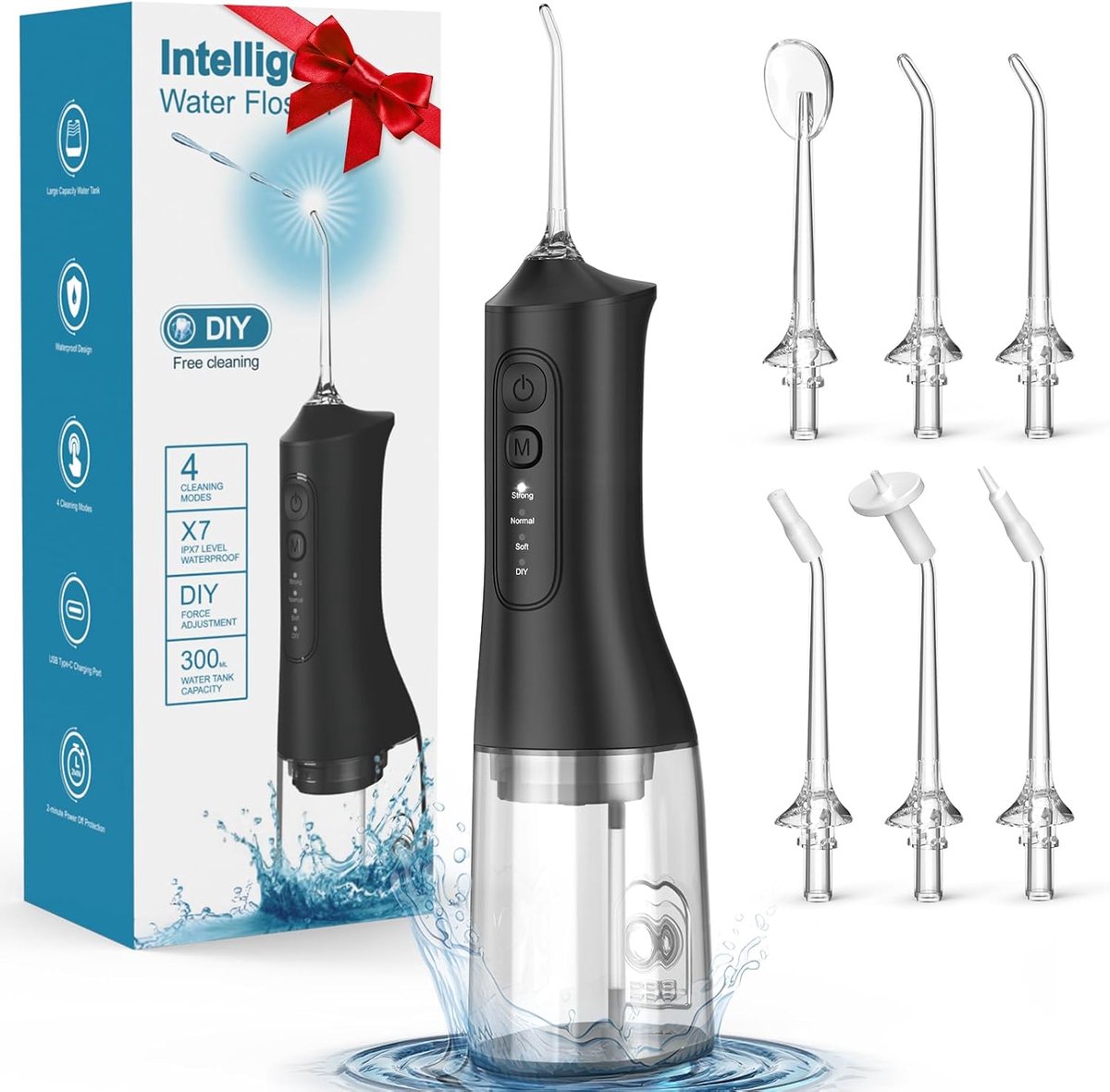 Waterflosser, Draadloze Monddouche met 300 ml Waterreservoir, 4 Reinigingsstanden en 6 Opzetstukken, IPX7 Waterbestendig, Oplaadbare Mondirrigator voor Beugels en Tandvleesverzorging, Thuis en Reizen, Zwart