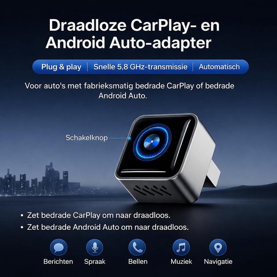 Draadloze CarPlay Adapter - Android Auto Dongle - Auto Navigatie - 2 Telefoons Koppelen - 2-in-1 - Zwart — afbeelding 3