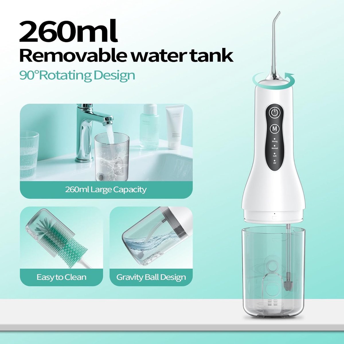 Waterflosser, Draadloze Monddouche met 5 Opzetstukken en 4 Reinigingsstanden, 260 ml Waterreservoir, IPX7 Waterbestendig, Draagbare Mondirrigator voor Dagelijkse Mondverzorging, Thuis en Reizen-Wit thumbnail 6