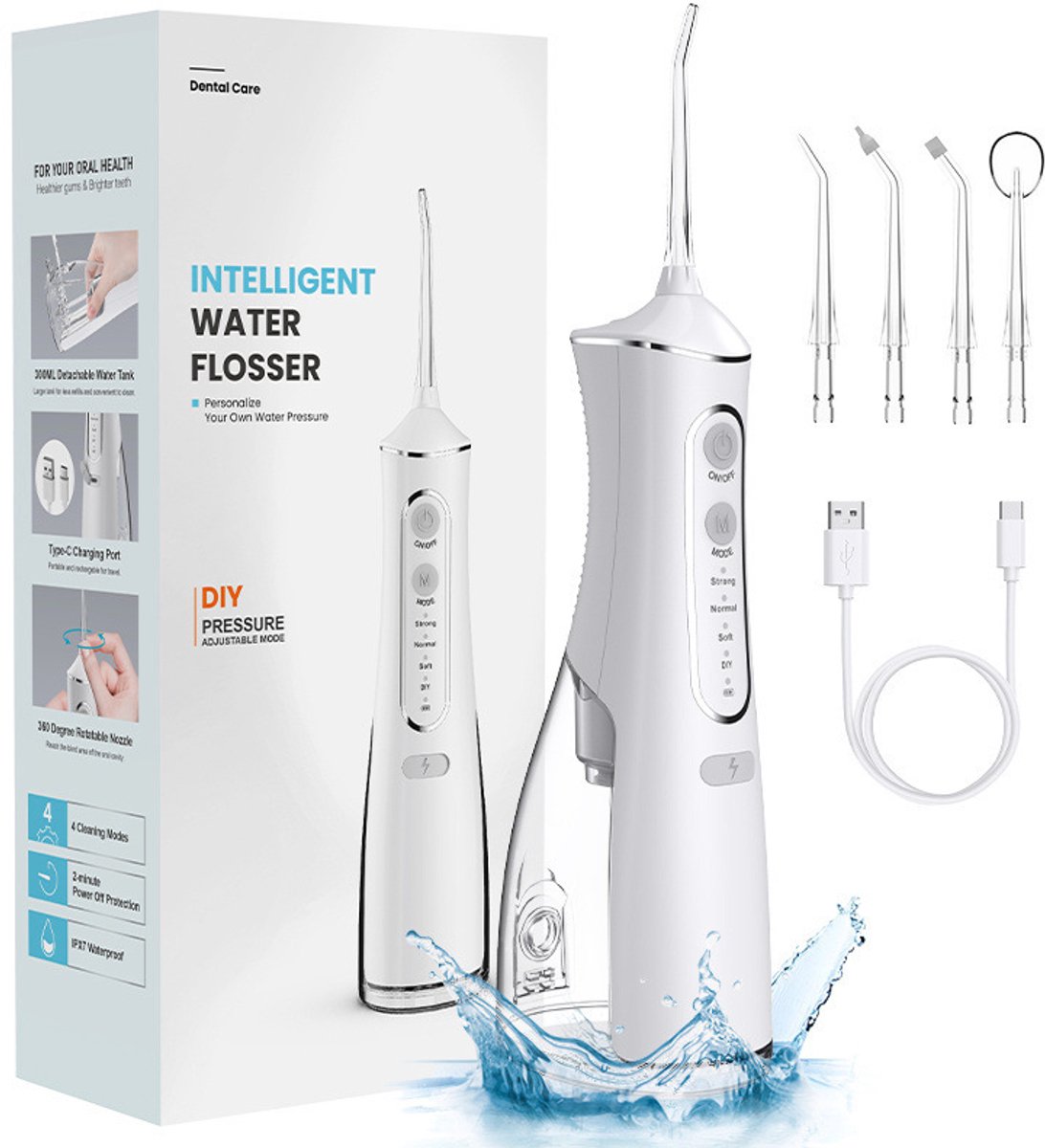 Waterflosser, Draadloze Monddouche met 4 Reinigingsstanden, 300 ml Waterreservoir, DIY-Drukregeling, IPX7 Waterbestendig, Oplaadbare Mondirrigator voor Dagelijkse Mondverzorging, Thuis en Reizen, Wit