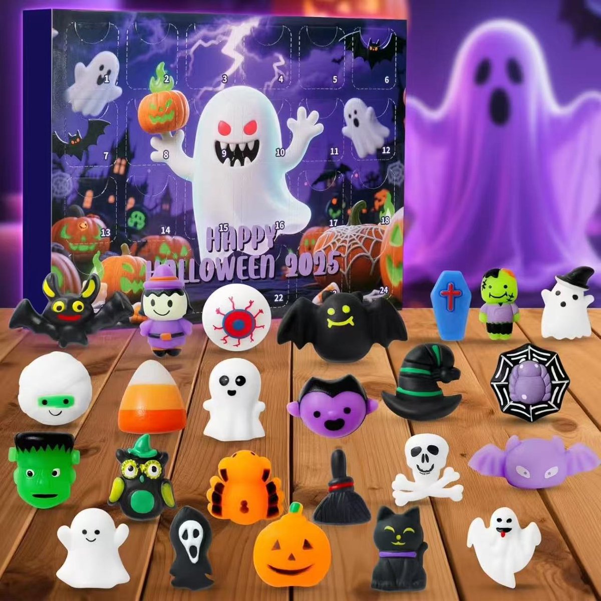 Halloween Adventkalender - Aftelkalender naar Halloween - 24 Dagen Verrassingen - Geschikt als Trick-or-Treat Cadeau en Feestartikelen - Zachte en Rekbare Figuren - Thema Skelet, Pompoen en Spook - Stimuleert Verwachting en Plezier