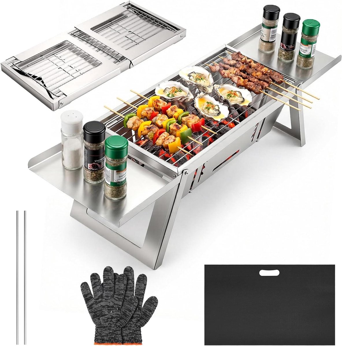 Houtskool BBQ Grill - Mini Barbecue - Buiten Koken - Opvouwbaar Ontwerp - Compact Formaat - Zilver