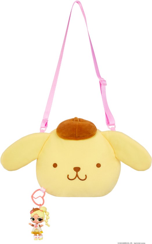 Gele Pompompurin pluche schoudertas met bruine baret en Pompompurin minipop aan een hartvormige sleutelhanger.